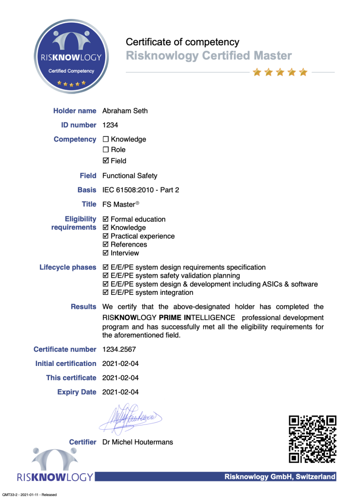 Risknowlogy Certified Functional Safety Specialist (System Integrator)